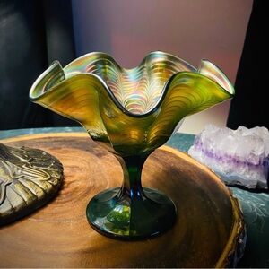 Vintage Fenton Carnival Glass | Peacock Tail Pedestal Compote | Green